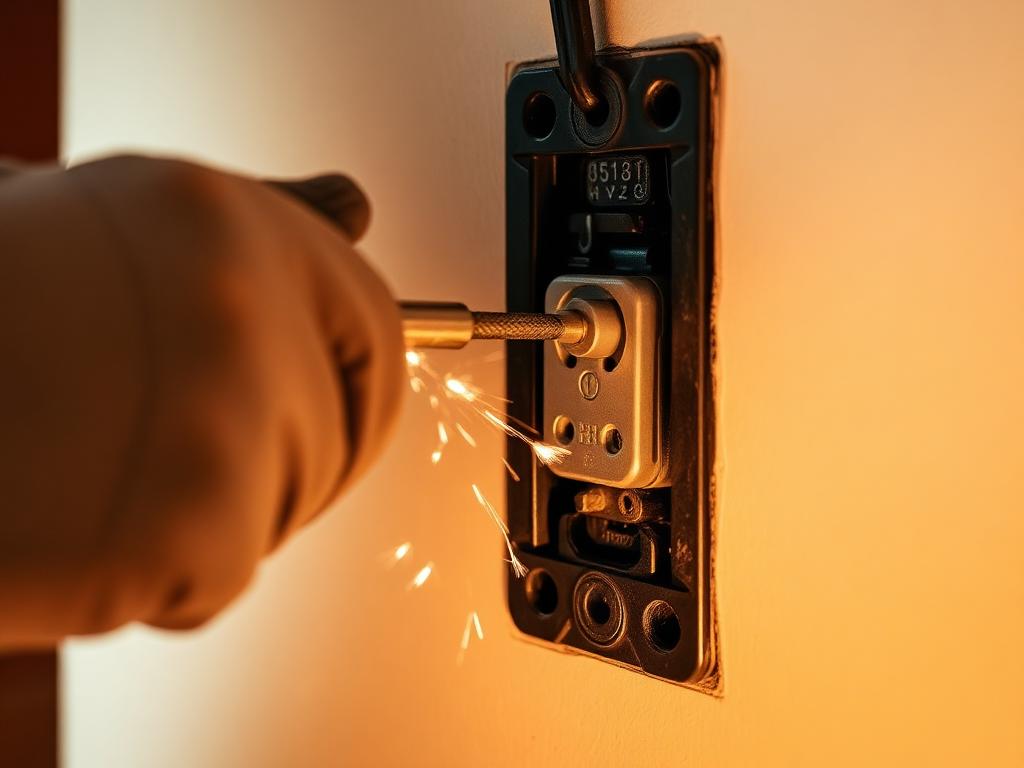 Mãos com luva a reparar uma tomada eléctrica avariada na parede