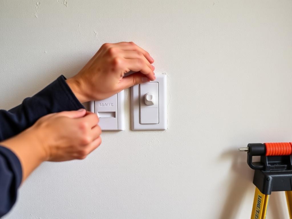 Instalação de um interruptor e de uma tomada numa parede branca