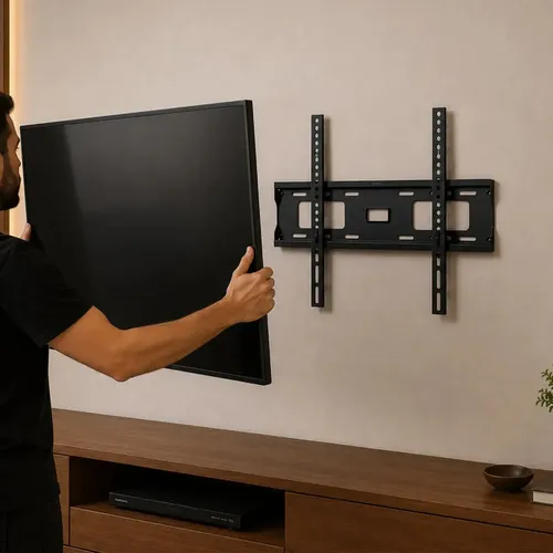 Homem a montar um televisor plasma num suporte fixado na parede